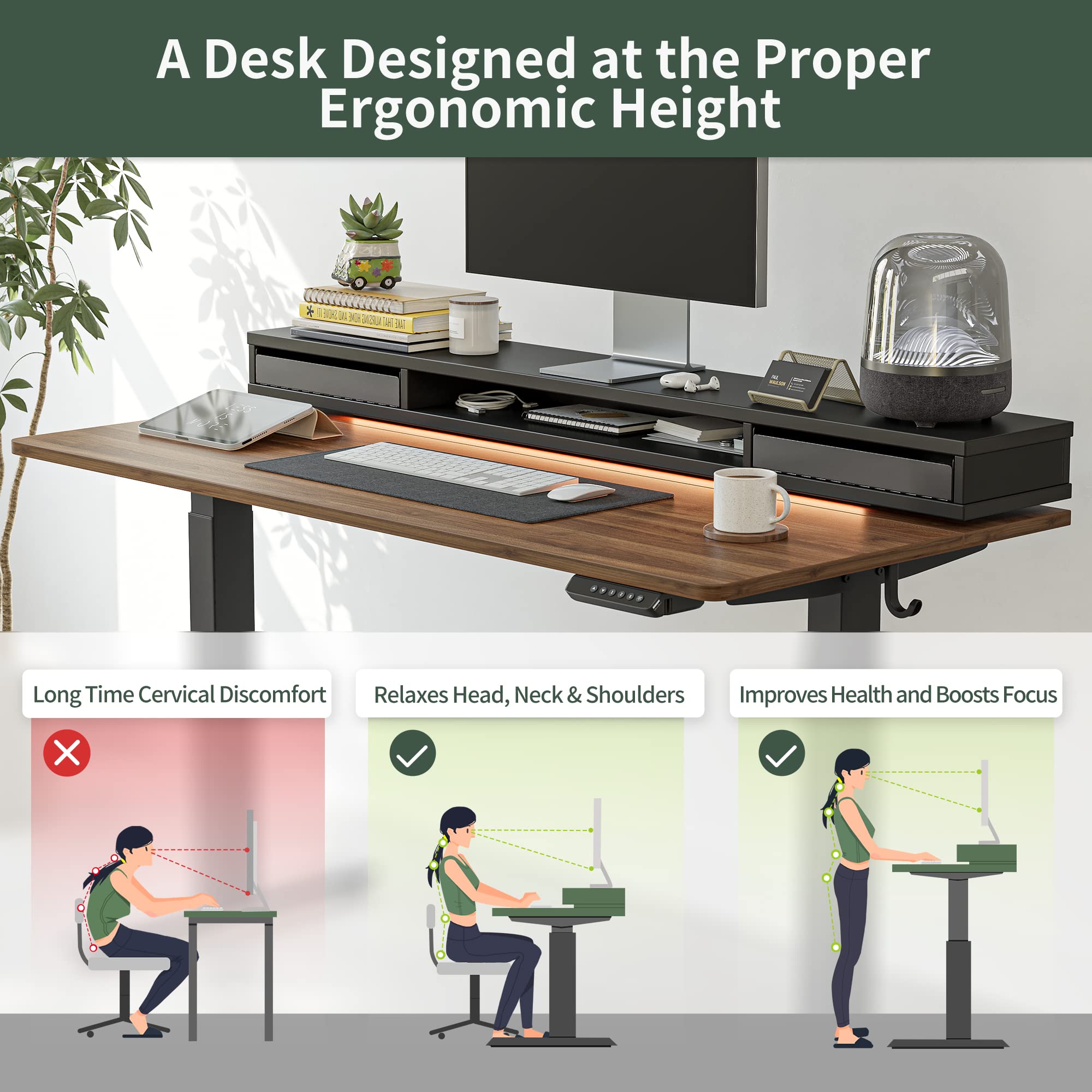 FEZIBO 55 x 24 Inch Height Adjustable Electric Standing Desk with Double Drawers, Stand Up Desk with LED Strips and Monitor Stand, Black Walnut