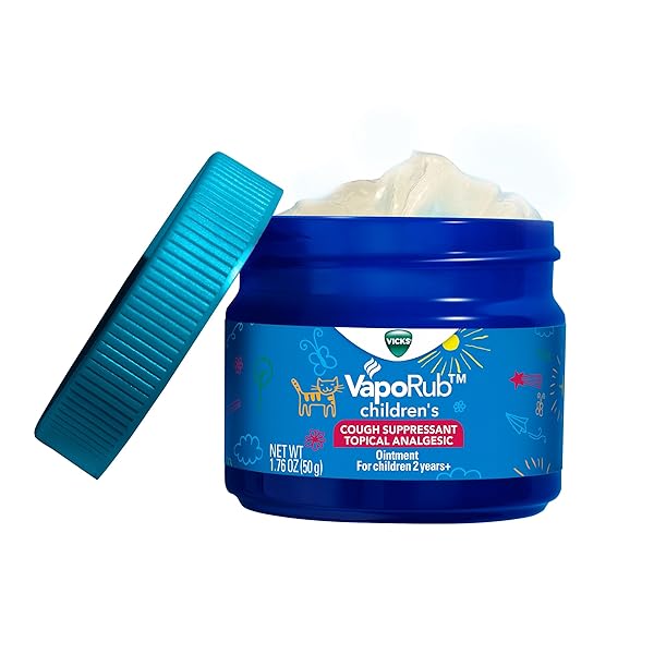 VICKS CHILDREN’S VAPORUB, TOPICAL COUGH SUPPRESSANT AND ANALGESIC, RELIEVES COUGHS AND MINOR ACHES AND PAINS, CLINICALLY PROVEN, STARTS WORKING IN MINUTES FOR FAST RELIEF, FOR CHILDREN AGES 2+, 1.76OZ