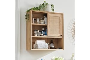 OKD Natural Rattan Bathroom Wall Cabinet, Modern Boho Medicine Cabinet with Sliding Door & Adjustable Shelves, Storage Cabinet Wall Mounted for Bathroom, Kitchen, Dining Room, Bathroom