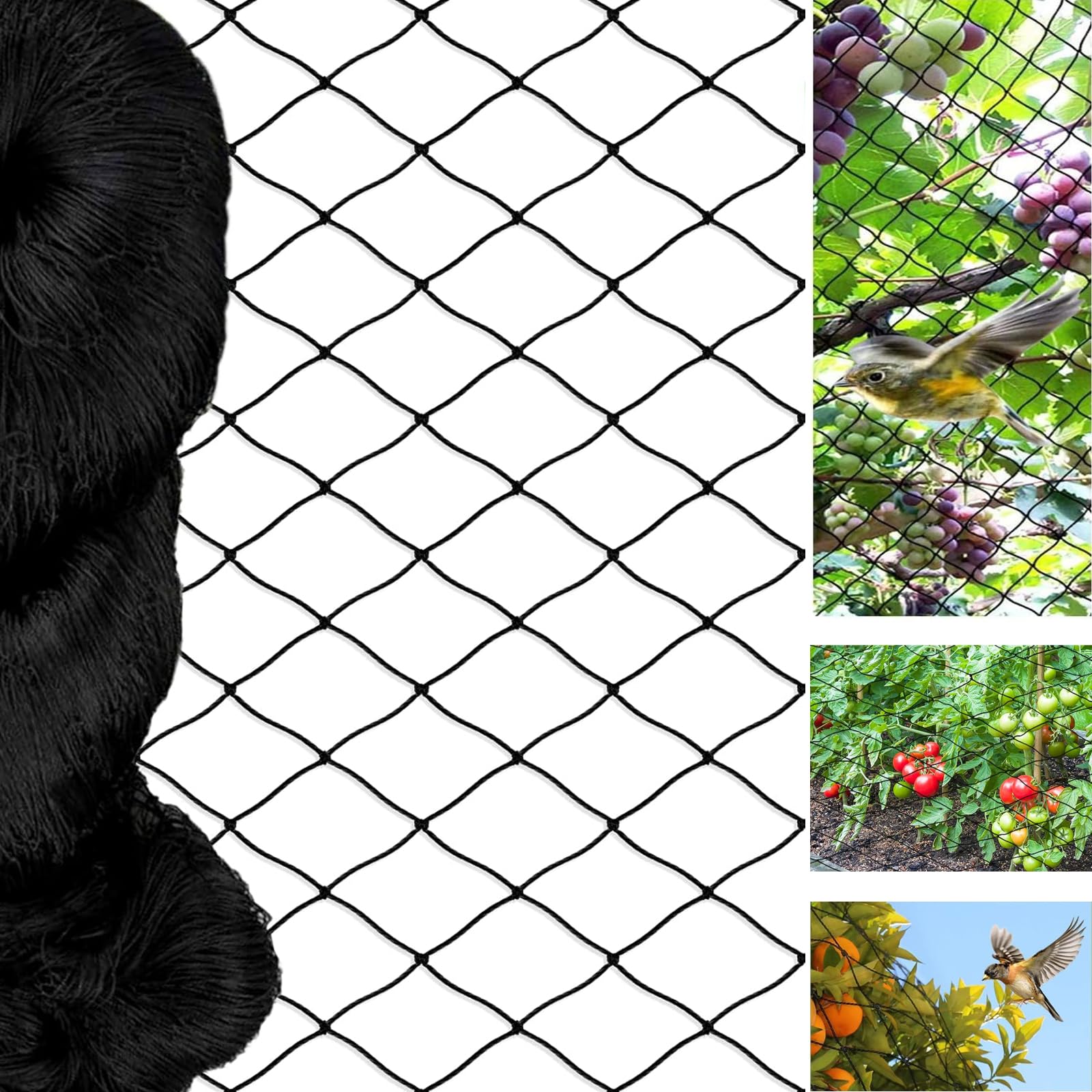 alouweekuky Bird Protection Net, 15 m x 15 m, Black Garden Mesh Netting Tear-Resistant Plant Net for Chicken Enclosures, Aviary Net for Protects Fruit Trees and Vegetables from Bird Eating