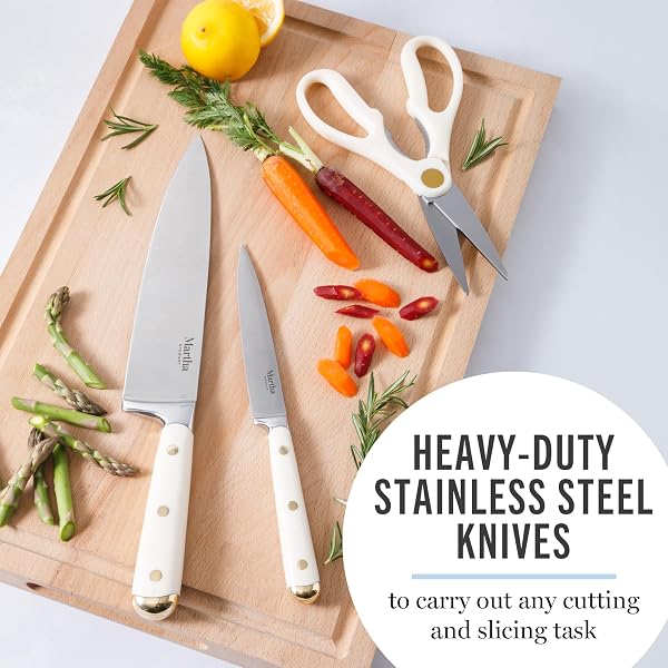 MARTHA STEWART KNIFE BLOCK SET 16-PIECE – LOCKTON HIGH CARBON STAINLESS STEEL FORGED FULL TANG CHEF KNIVES, ACACIA WOOD BLOCK, TRIPLE RIVETED HANDLES, LINEN WHITE & GOLD