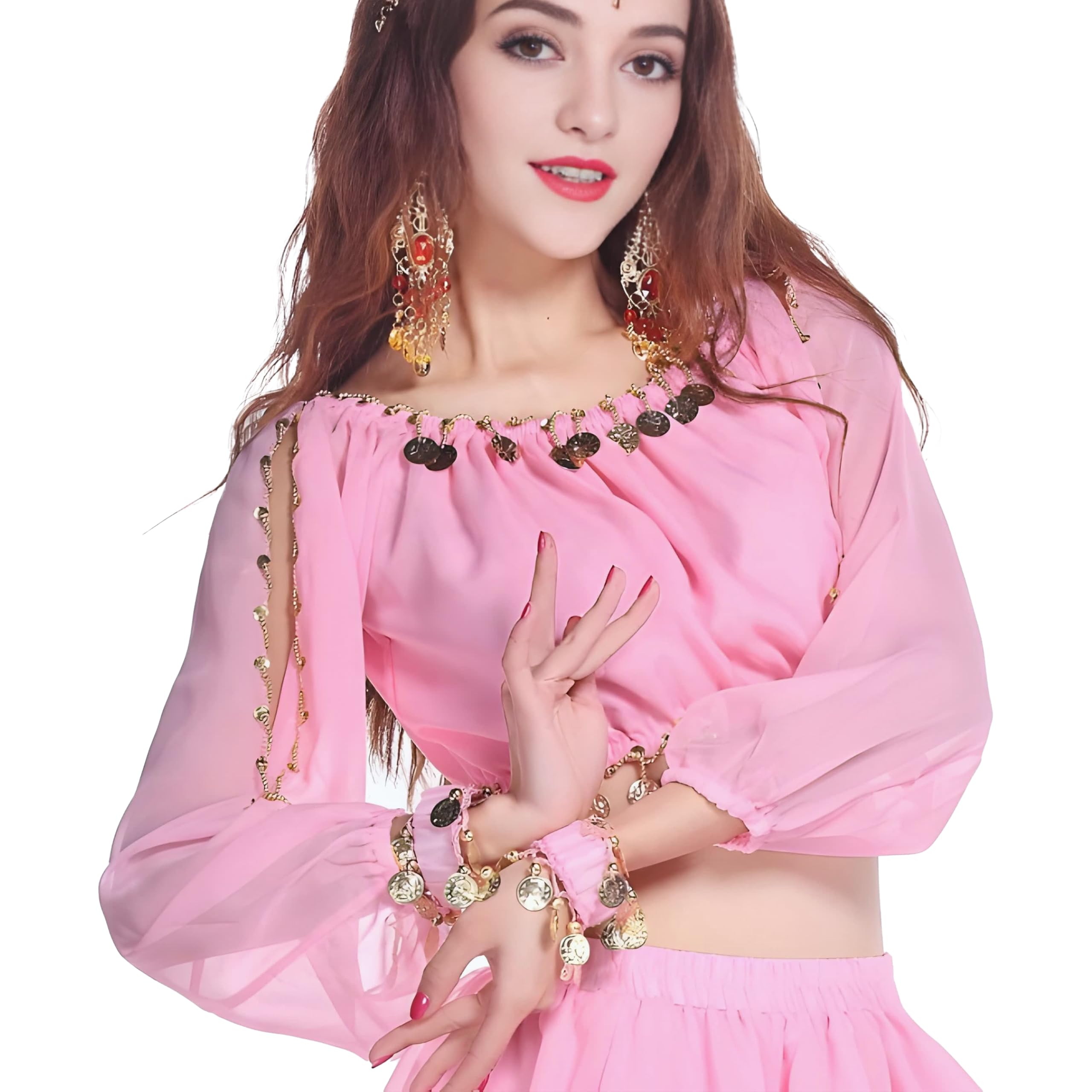 Wuchieal Women's Carnival Stage Performance Tops,Belly Dance Long Sleeves Top,Crop Top with Gold Coins (One Size, Pink)