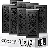 Floor Vent Covers &ndash; 4x10 Floor Register &ndash; Heavy-Duty Steel, Rustproof &amp; Walkable Grates, Drop-in Install, Adjustable Airflow &ndash; Decorative (Floral Textured Black, 8 Pack)