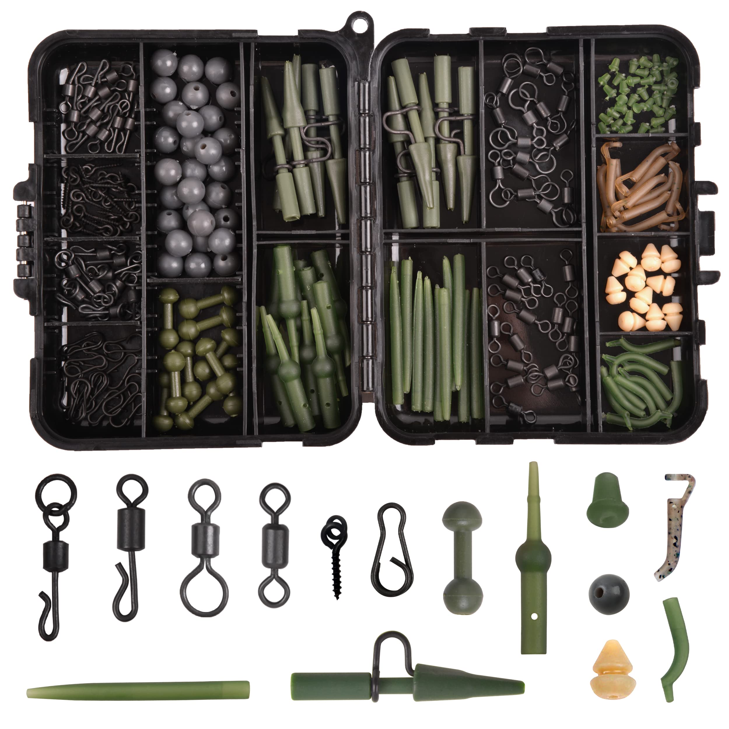 230pcs Carp Fishing Tackle Box Kit - Fishing Rigs Making Accessories - Swivel Snaps, Leader Clips, Rubber Sleeves, Terminal Tackle