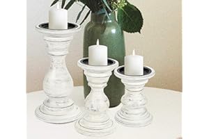 HOMEBIA DESIGNS Candle Holder Stand Wooden, Pillar Candle Holder, Unity Candle Holders, Rounded Turned Colums, Country Style Ideal for Gift, Wedding, Christmas, Party, Home - 10,8,6 Inch- Set of 3 -Antique White