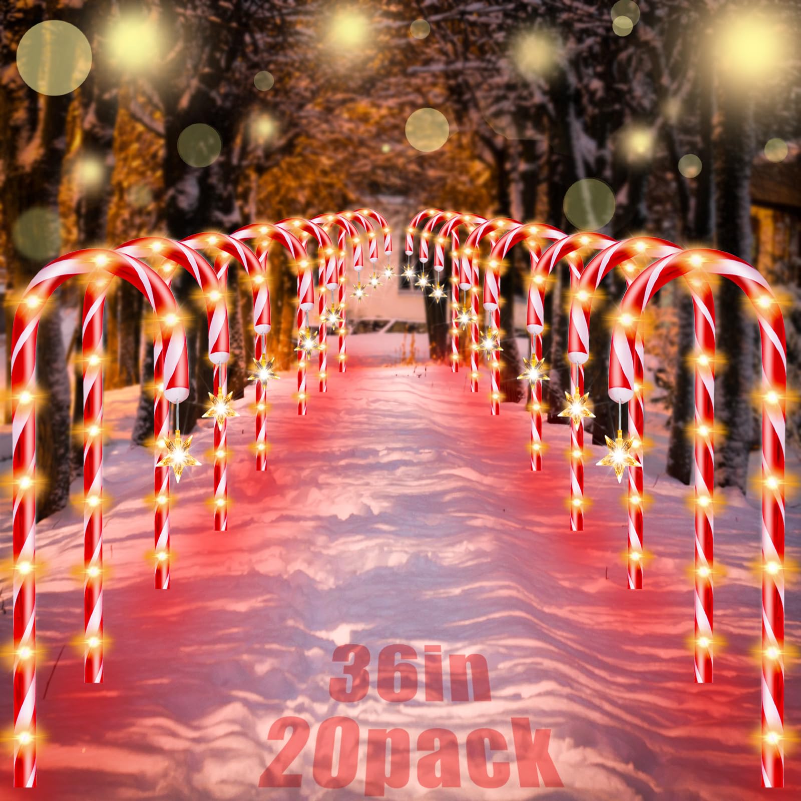 Photo 1 of 20 Pack 36" Candy Cane Lights - Outdoor Pathway Decorations, 62FT, 8 Flashing Modes, Warm 30V Star Lights