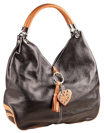 PELLE ITALY Schultertasche Handtasche PI10081 Damen Beuteltasche Echtes Leder 38x32x12 cm (BxHxT), Farbe:Schwarz