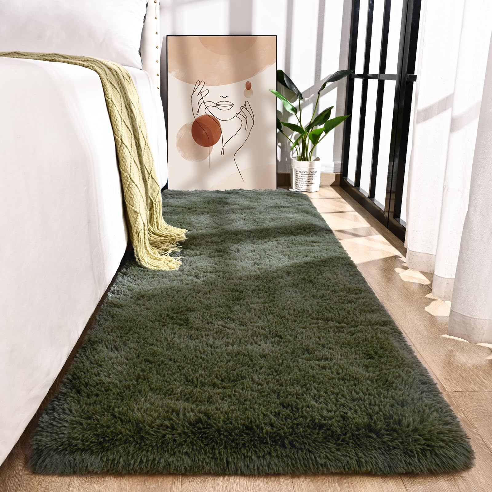 Photo 1 of Przemy Fluffy Runner Rug for Bedroom Living Room, 2x6 Feet Olive Green Shag Area Rugs, Soft Fuzzy Carpet for Bedside Nursery Kids Room College Dorm, Plush Throw Rug for Home Decor