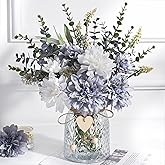 MARTINE MALL Fake Flowers in Vase, Faux Flowers in Vase, Dahlia Artificial Flowers in Vase Centerpiece Table Decorations Artificial Flower Arrangement for Home Dining Room Office Farmhouse, Blue