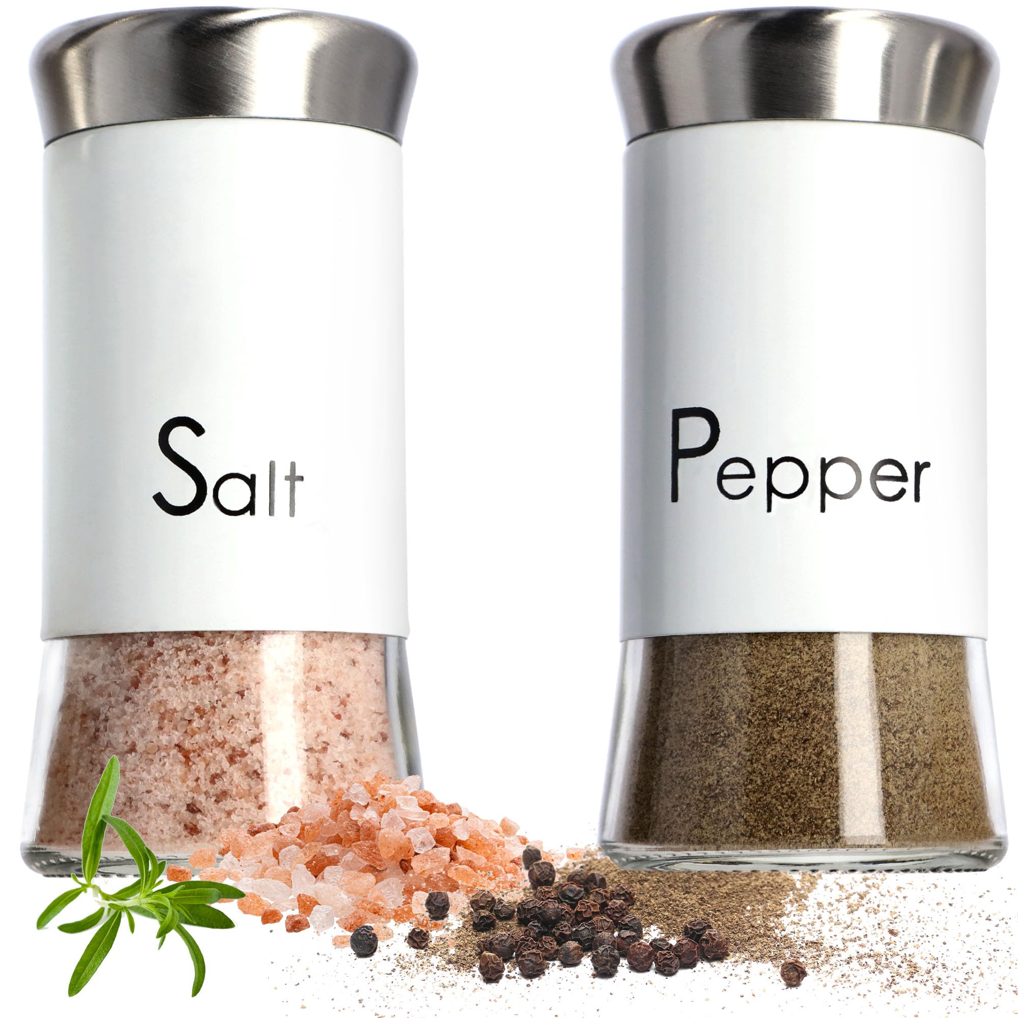 KADAX Salt and Pepper Shakers 150 ml, Stainless Steel and Glass Spice Dispensers with Airtight Lids, Refillable Condiment Set for Kitchen (White)