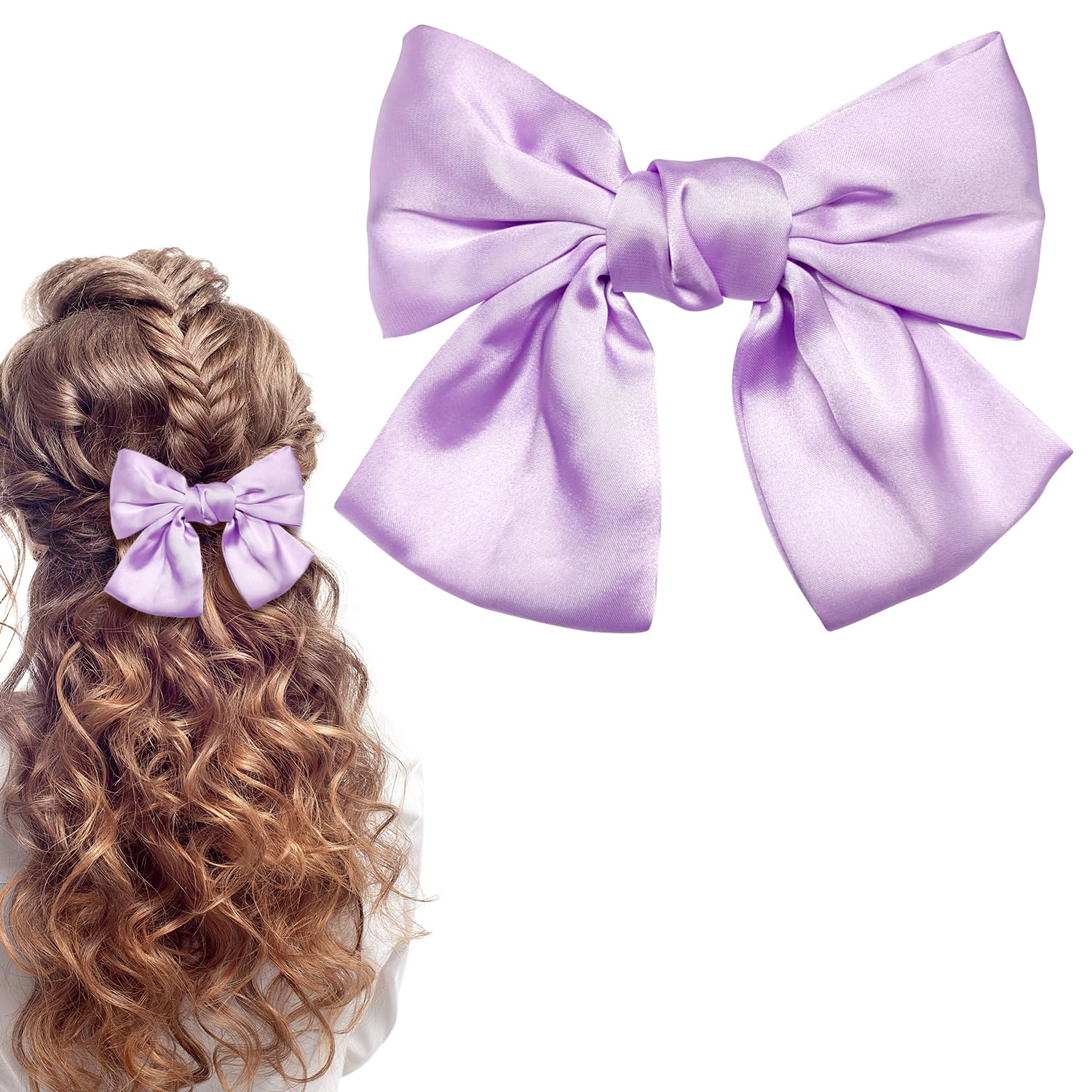 Bowknot Hair Clip, French Hair Clips with Ribbon - Soft Satin Silky Bows for Women & Girls (Purple)