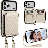 Keallce Case for iPhone 17 Pro Max 6.9'' Wallet Case, Crossbody Zipper Purse with Wrist Strap Lanyard Handbag, RFID Blocking Card Holders, Kickstand Flip Leather Cover for iPhone 17 Pro Max, Beige