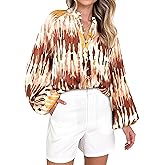 MASCOMODA Womens Boho Floral Print Fall Tops Dressy Casual V Neck Button Down Lantern Long Sleeve Shirts Chiffon Work Blouse