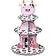 Holy Cow I'm One Birthday Decorations - 3-Tier Cow Print Cardboard Cupcake Stand for 1st Birthday Party, Farm Animal Cupcake Holder with La Vaca Lola Theme, Baby Shower & Cowgirl Party Supplies