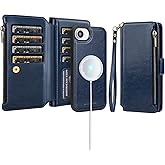 Antsturdy Compatible with Magsafe Magnetic 2 in 1 Detachable iPhone 16e Wallet Case with Credit Card Holder Slots,PU Leather Flip RFID Blocking Phone Cover Wrist Strap Zipper Women Men,Dark Blue