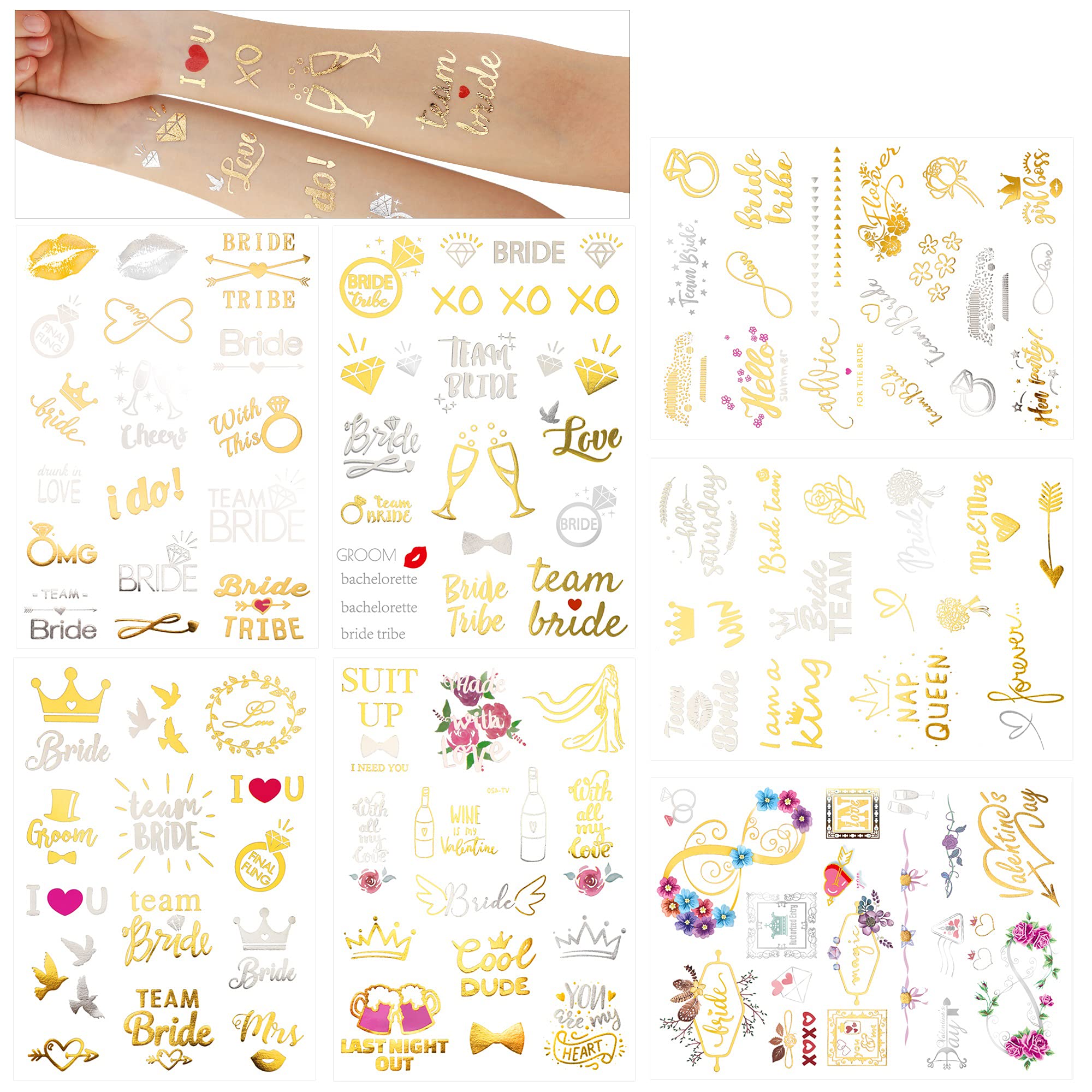 HOWAF 134PCS Hen Party Tattoos, Team Bride Gold Temporary Tattoos for Hen Party Accessories, Wedding Night & Bachelorette Party Hen Do Accessories