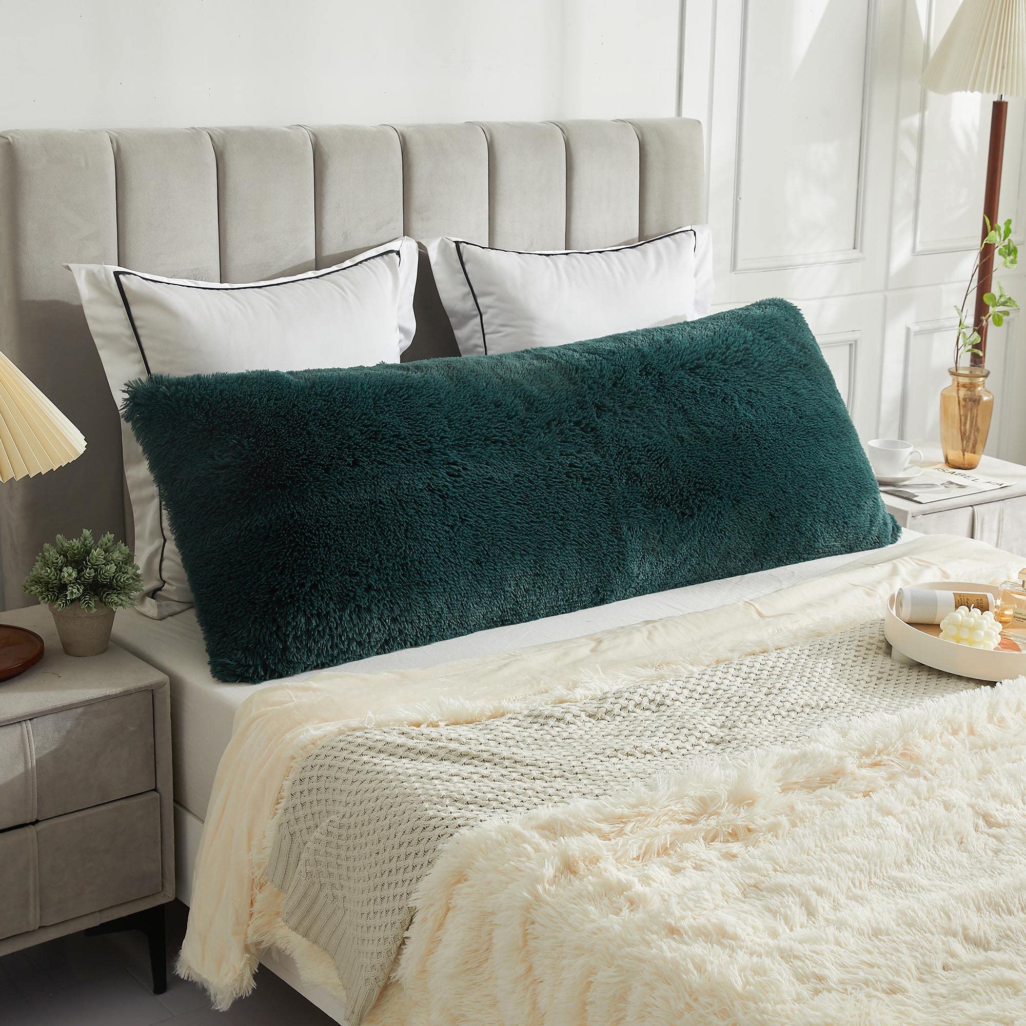 Photo 1 of LIFEREVO Body Pillow Cover with Zipper Closure,Luxury Shaggy Ultra Soft Plush Faux Fur Pillowcase 20"x54" for Bed Couch,Microfiber Long Pillowshams for Adults Pregnant Women/Mother/Wife(Dark Green)