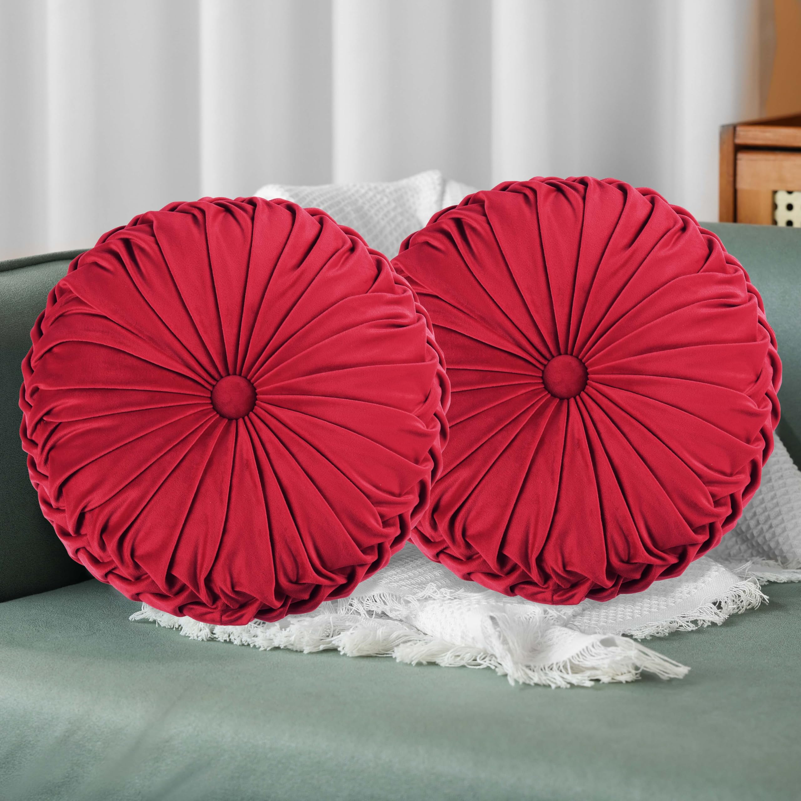 Photo 1 of HIG Set of 2 Red Ruched Velvet Round Throw Pillows – 14.5’’ Decorative Pillows with Soft Polyester Filling for Couch, Bed, Living Room, Bedroom, or Dorm – Handmade, Stress Relieving, All-Season