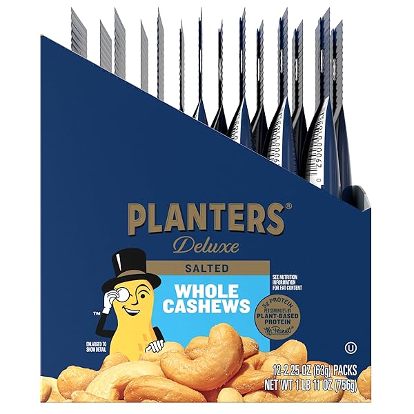 PLANTERS DELUXE CASHEWS, PARTY SNACKS, PLANT-BASED PROTEIN, 2.25 OZ BAG (12 PACK)