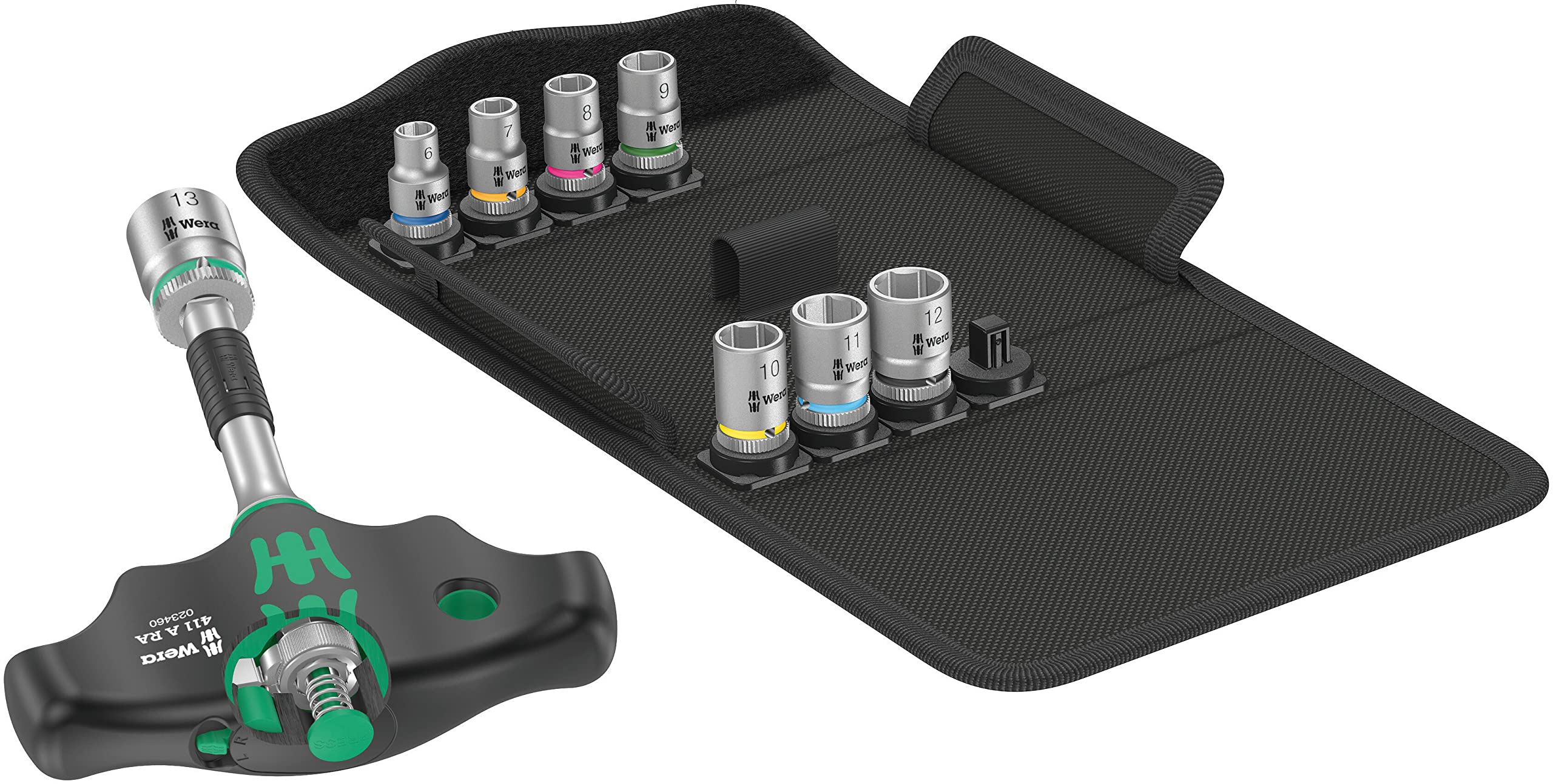 Wera 05023470001 Kraftform Kompakt 400 RA Set 2, Tournevis adaptateur à poignée en T avec fonction cliquet et jeu de douilles, 9 pièces, Black-Green, 9 Pieces