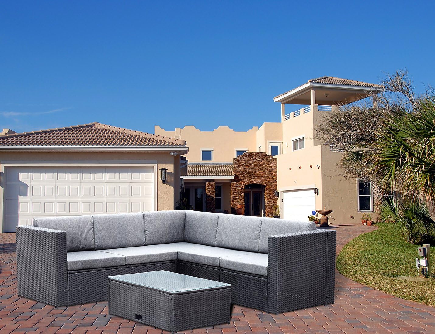 Ueenie Outdoor Patio Furniture Set Pe Rattan Wicker Sectional Sofa Set With Table And Cushions 4 Pcs Black Garden Sofas Amazon Co Uk Garden Outdoors