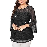 ZOMVA Women's Plus Size Ruffle 3/4 Sleeve Blouses Casual Elegant Dressy Crew Neck Double Layers Sparkly Mesh Tunic Tops