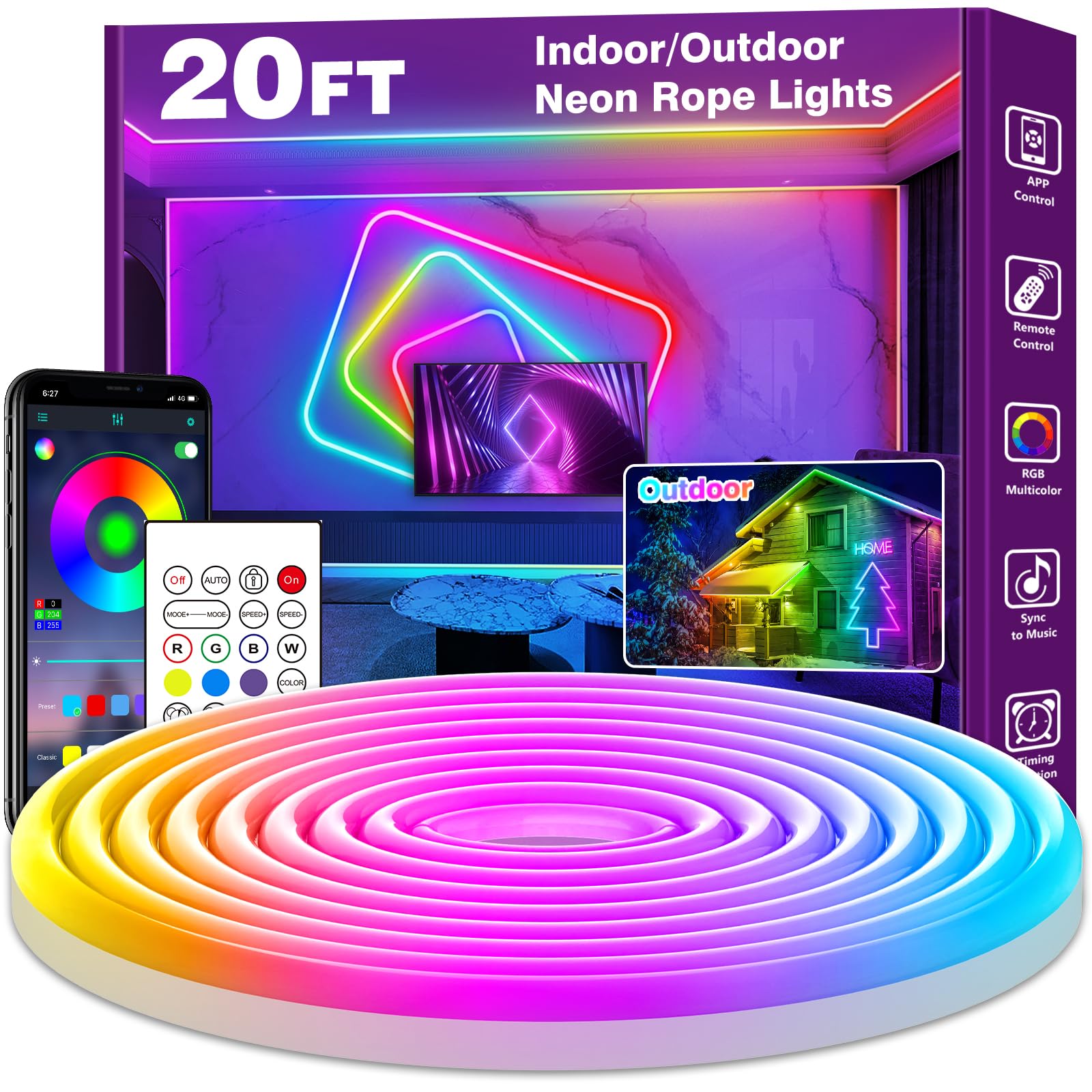 AILBTON 20FT Led Neon Rope Lights Control with App/Remote,Flexible Led ...