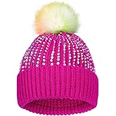 BAOPLAYKIDS Kids Knit Winter Hat with Pompom for Ages 3-14, Toddler Sparkly Sequin Beanie, Soft Warm Snow Ski Cap for Boys & Girls Hot Pink 3-8