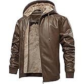 MANSDOUR Men's Faux Leather Jacket Warm Black Fleece Lined Motorcycle Bomber Jacket with Hood