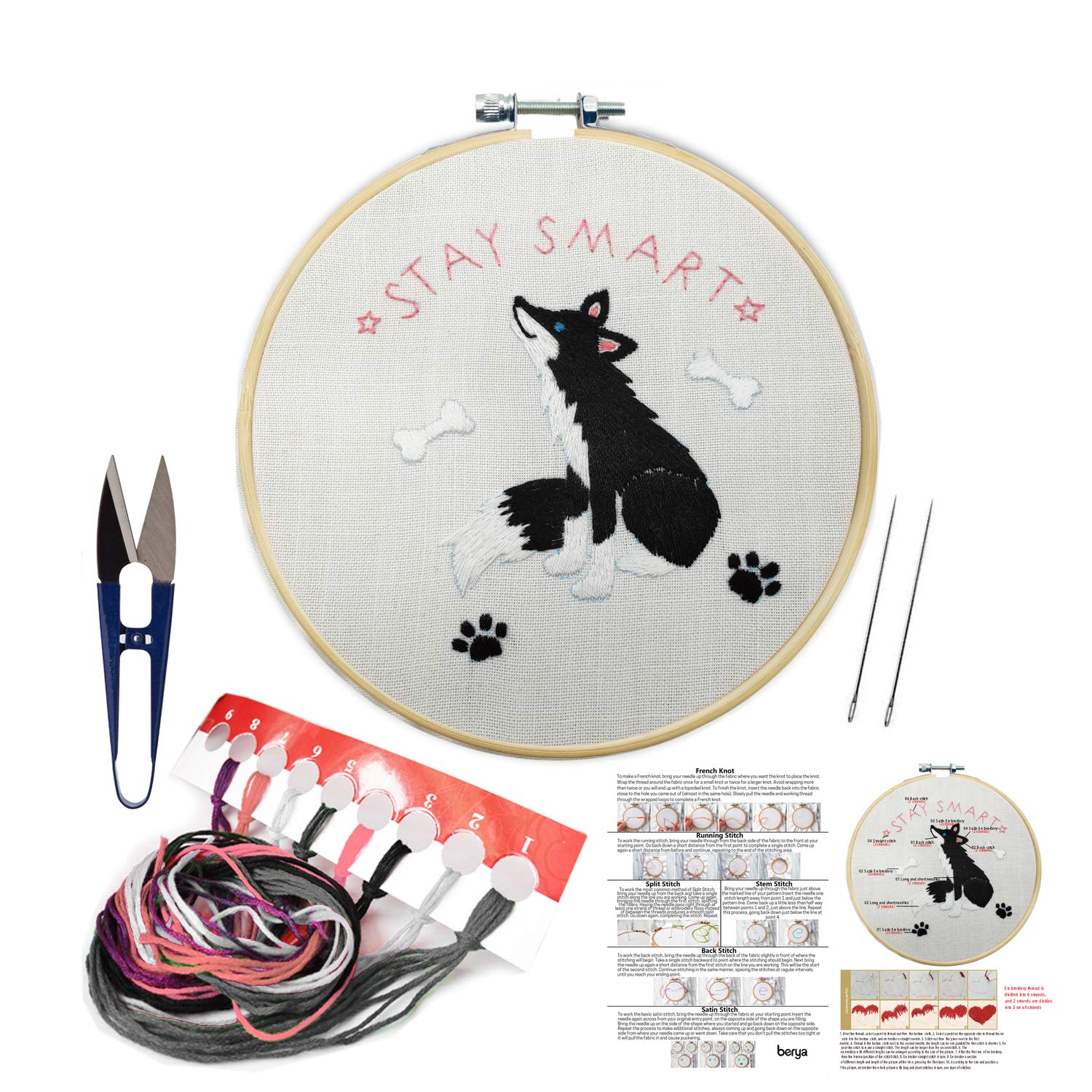 BERYA Embroidery Kit Including Embroidery Hoop,Color Threads and Embroidery Scissors for Beginners-Handmade Needlepoint Kits for Adults Kids