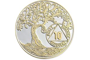 10 Year XL 40mm Nickel & Gold Plated AA Coin - Sobriety Mint Twisted Tree of Life Recovery Medallion/Chip - Silver/Gold