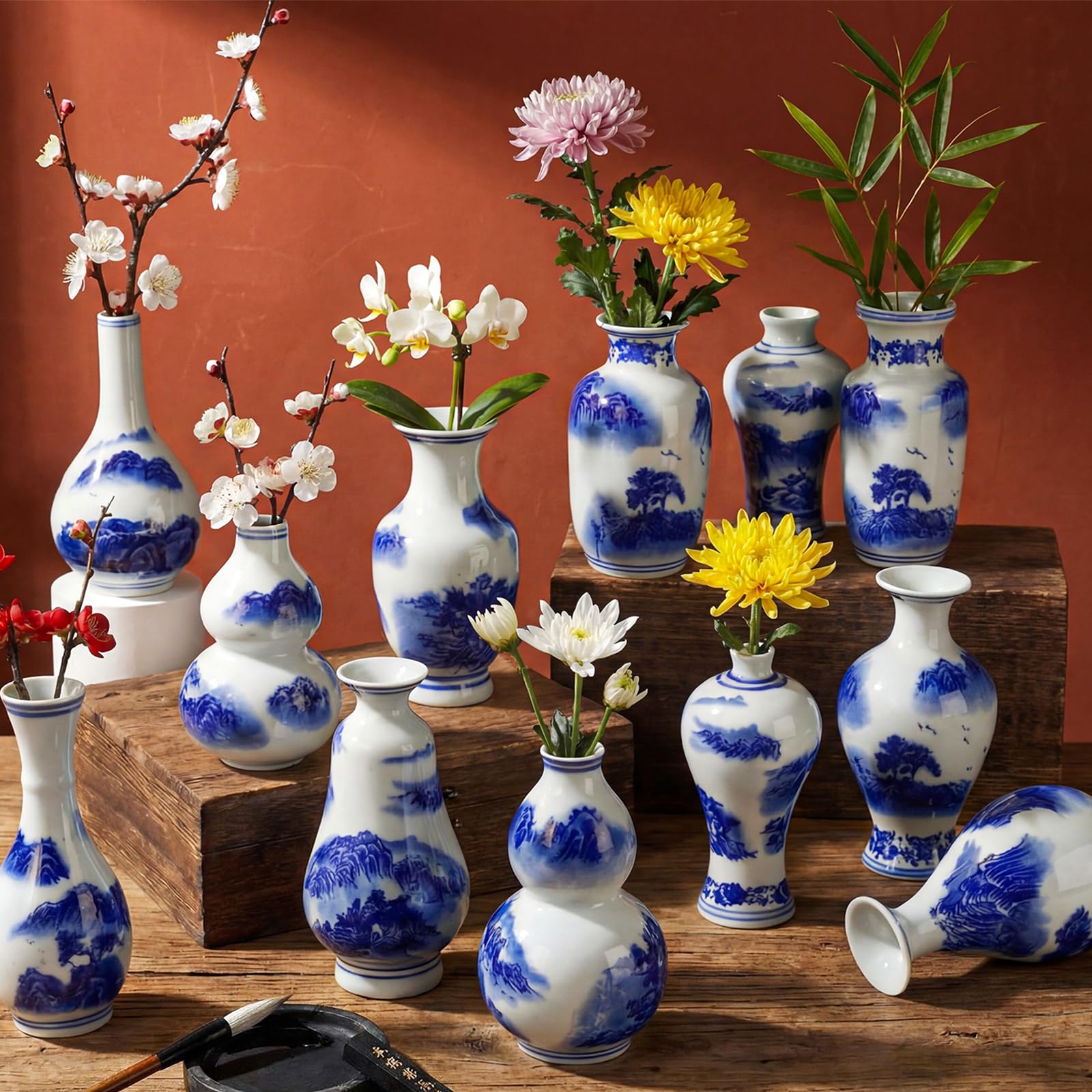 Photo 1 of **MISSING ONE**Maxcheck 12 Pcs Small Blue and White Vase Mini Porcelain Chinoiserie Bud Vase Vintage Ceramic Oriental Handmade Chinese Flower Jardiniere for Home Office Shelf Table Centerpieces Decor(Stylish)