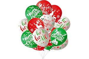 FEPITO 50Pcs Christmas Party Balloon 12 Inch White Red and Green Latex Balloons, 6 Merry Xmas Style for Decoration Party Supplies