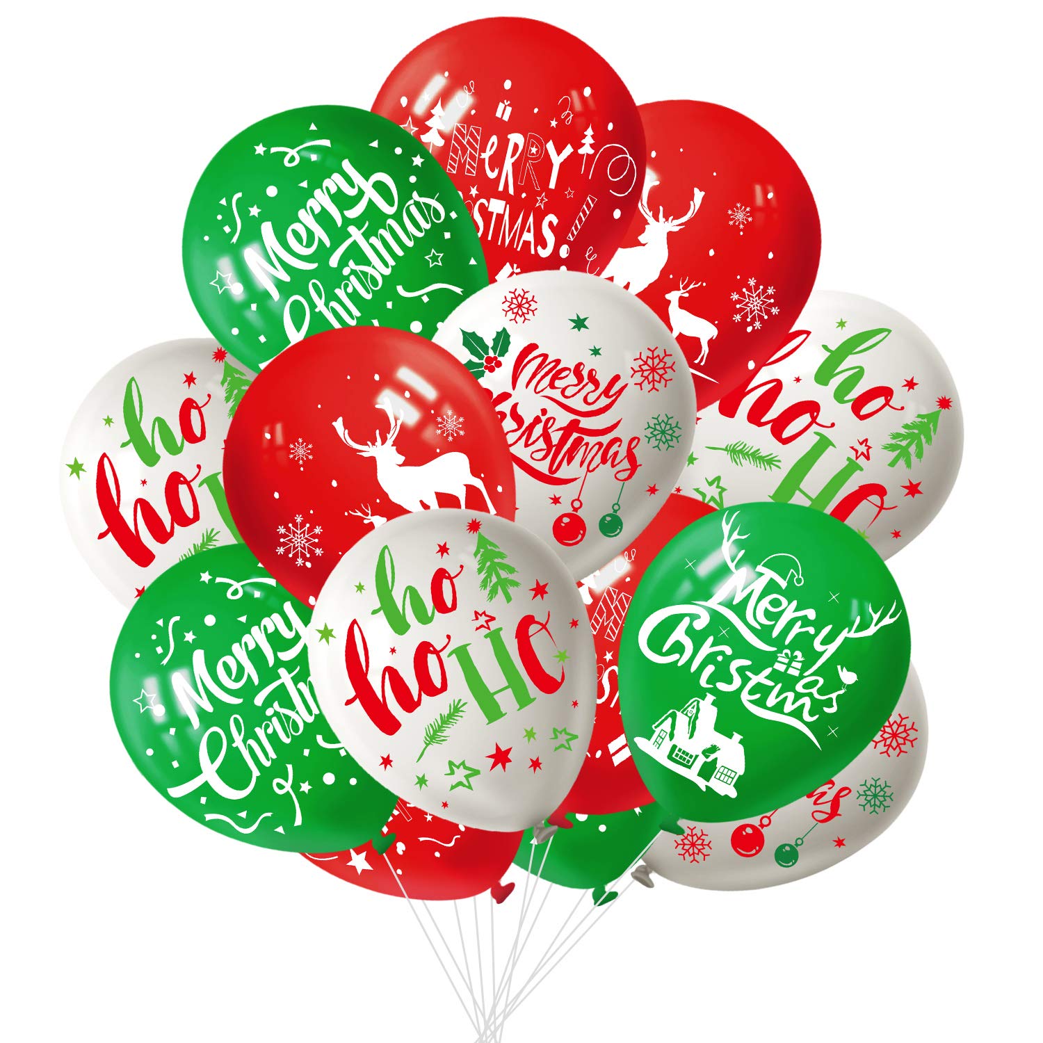 FEPITO 50Pcs Christmas Party Balloon 12 Inch White, Red, Green Latex Balloons, 6 Merry Xmas Style for Christmas Decoration Party Supplies