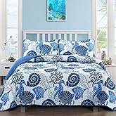 DJY Coastal Quilt Set King Size Summer Beach Themed Quilt Coverlet Set Blue Coral Conch Bedspread with 2 Pillow Shams 3 Pieces Cozy Coastal Bedding Quilt Set for All Season 90"x 104"