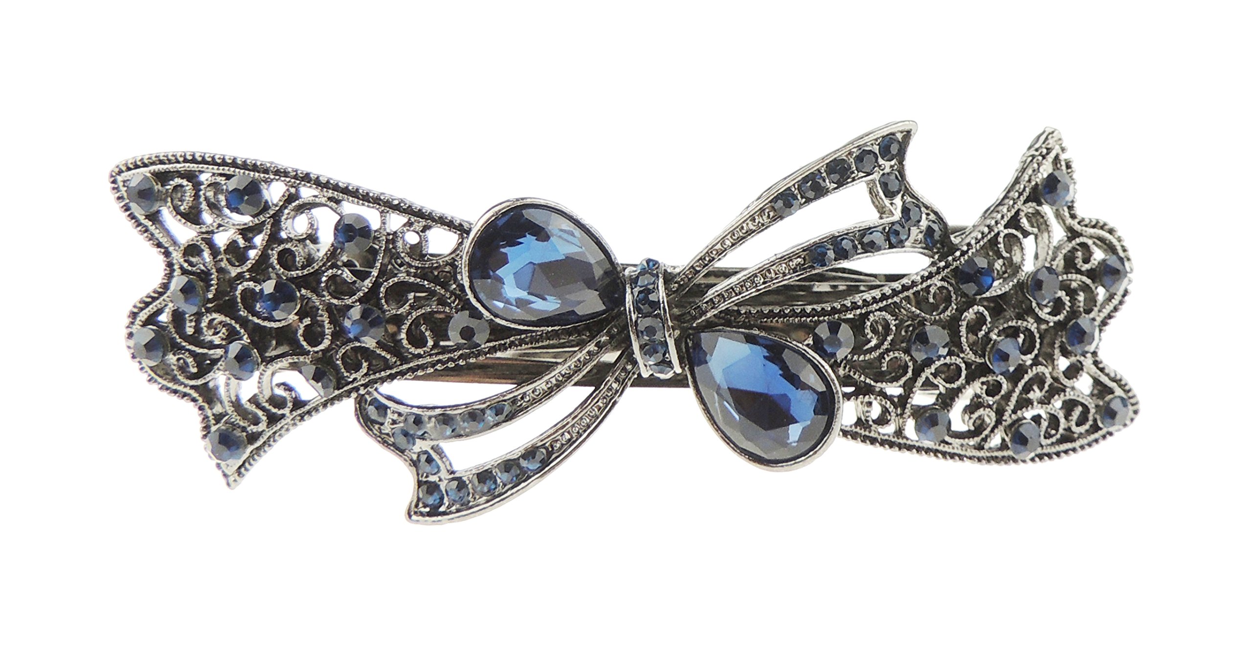 Womens Girls Vintage Look Crystal Rhinestone Diamante Wedding Birthday Party Evening Ponytail Fine Medium Hair Accessories Barrette Hairpin Silver Tone Metal French Spring Clipe Ribbon Bow (Blue)