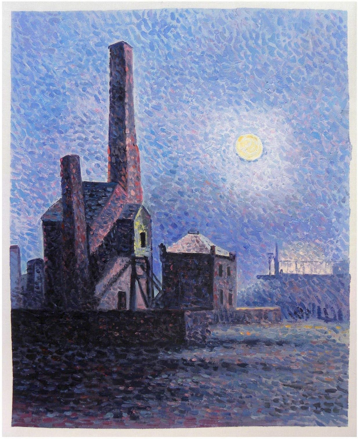Factory by Moonlight - Maximilien Luce high quality hand-painted oil painting reproduction,buildings along a quiet street scene with moon night landscape
