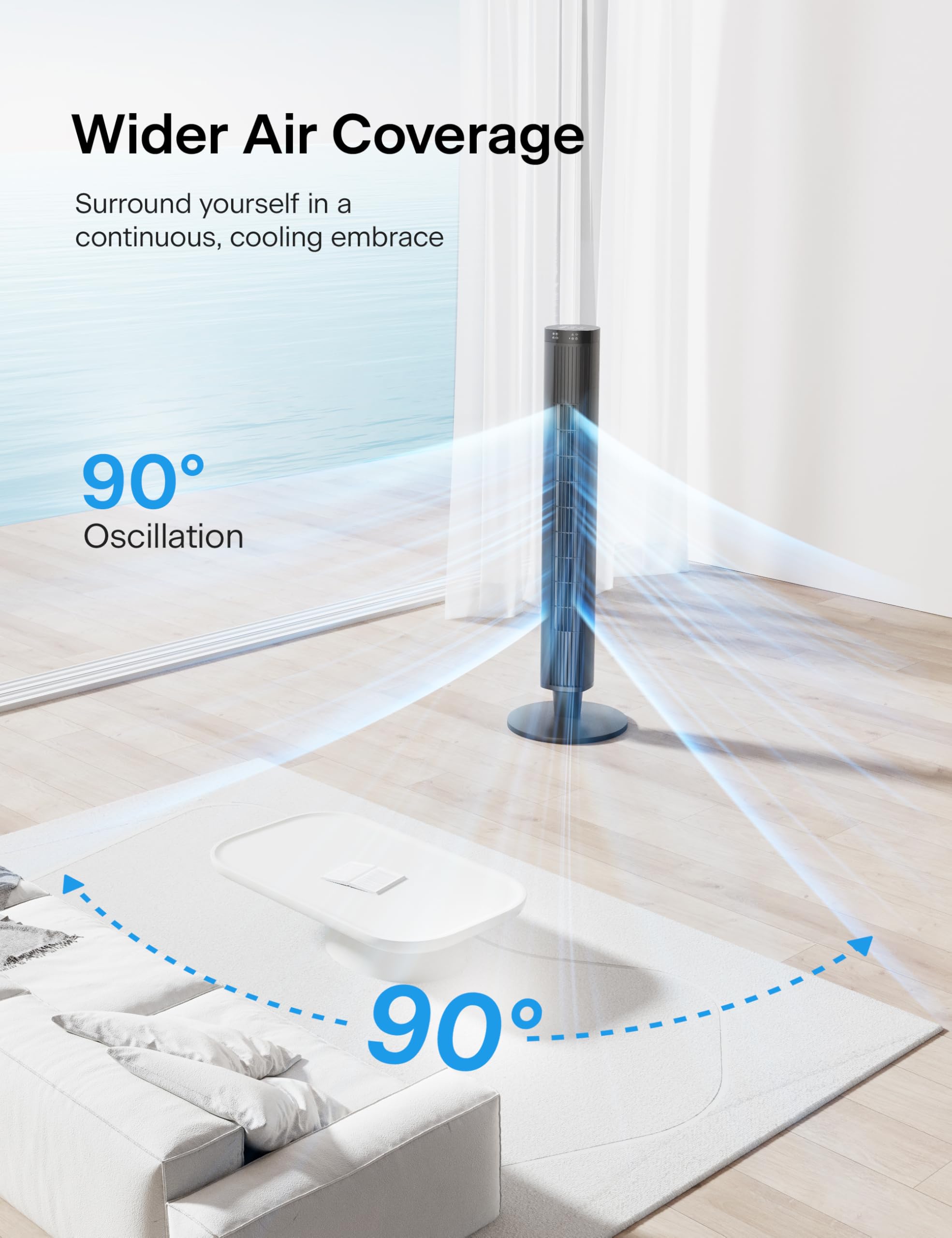 PELONIS 42-Inch Tower Fan for Bedroom – 26ft/s, 90° Oscillating Tower Fan with Remote Control, LED Display – Floor Fan for Indoors with 6 Speeds, 4 Modes and 24-Hour Timer – ETL Certified