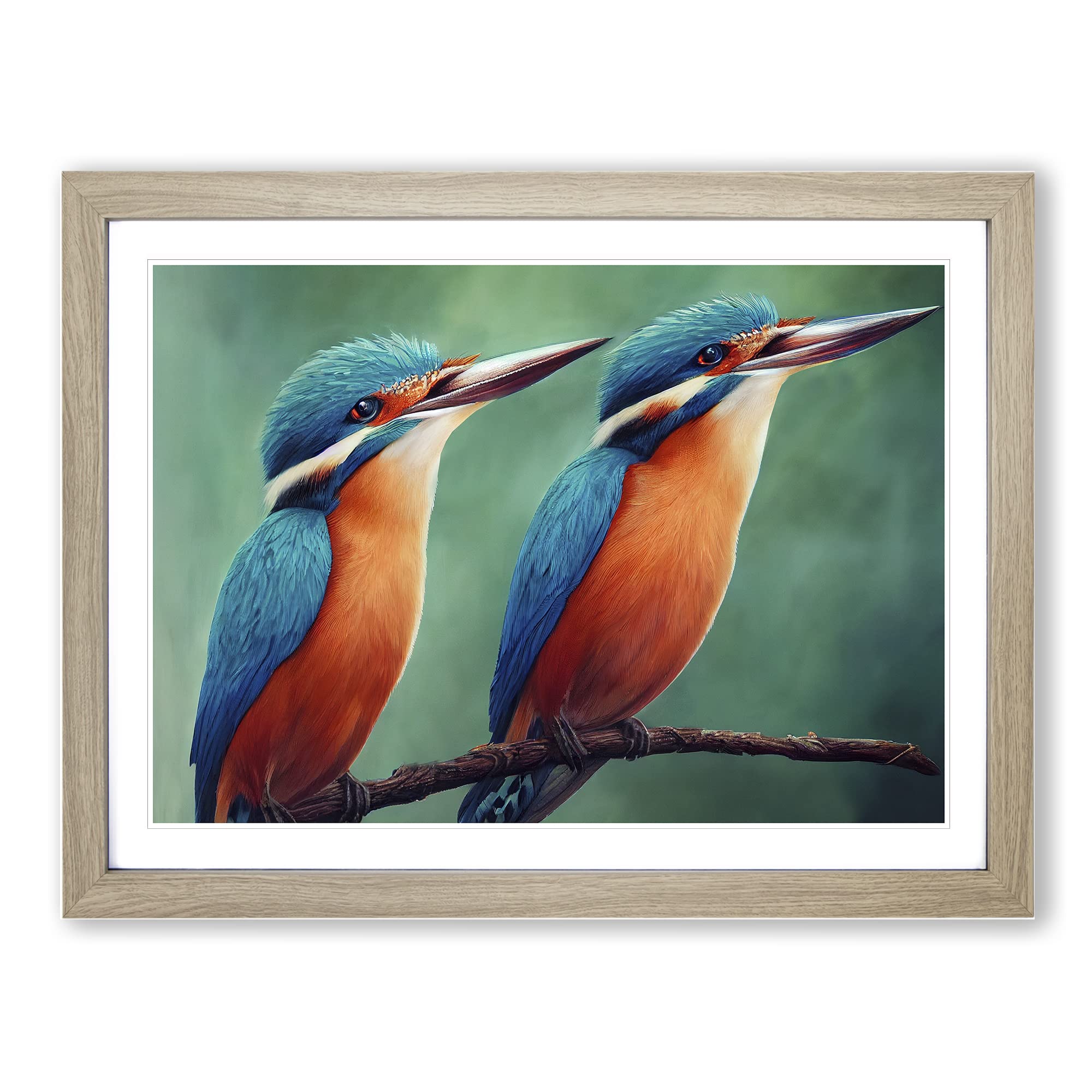 Eye Catching Kingfisher Birds Framed Print | A4 Oak Framed Wall Art | Ready to Hang | Modern Nature Picture | Living Room Bedroom Lounge Office