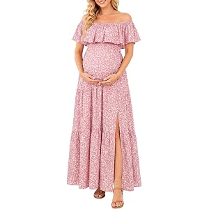 Talisea Maternity Off Shoulder Ruffle Maxi Dress Pregnancy Baby Shower | Soft breathable maternity dress with ruffle design f