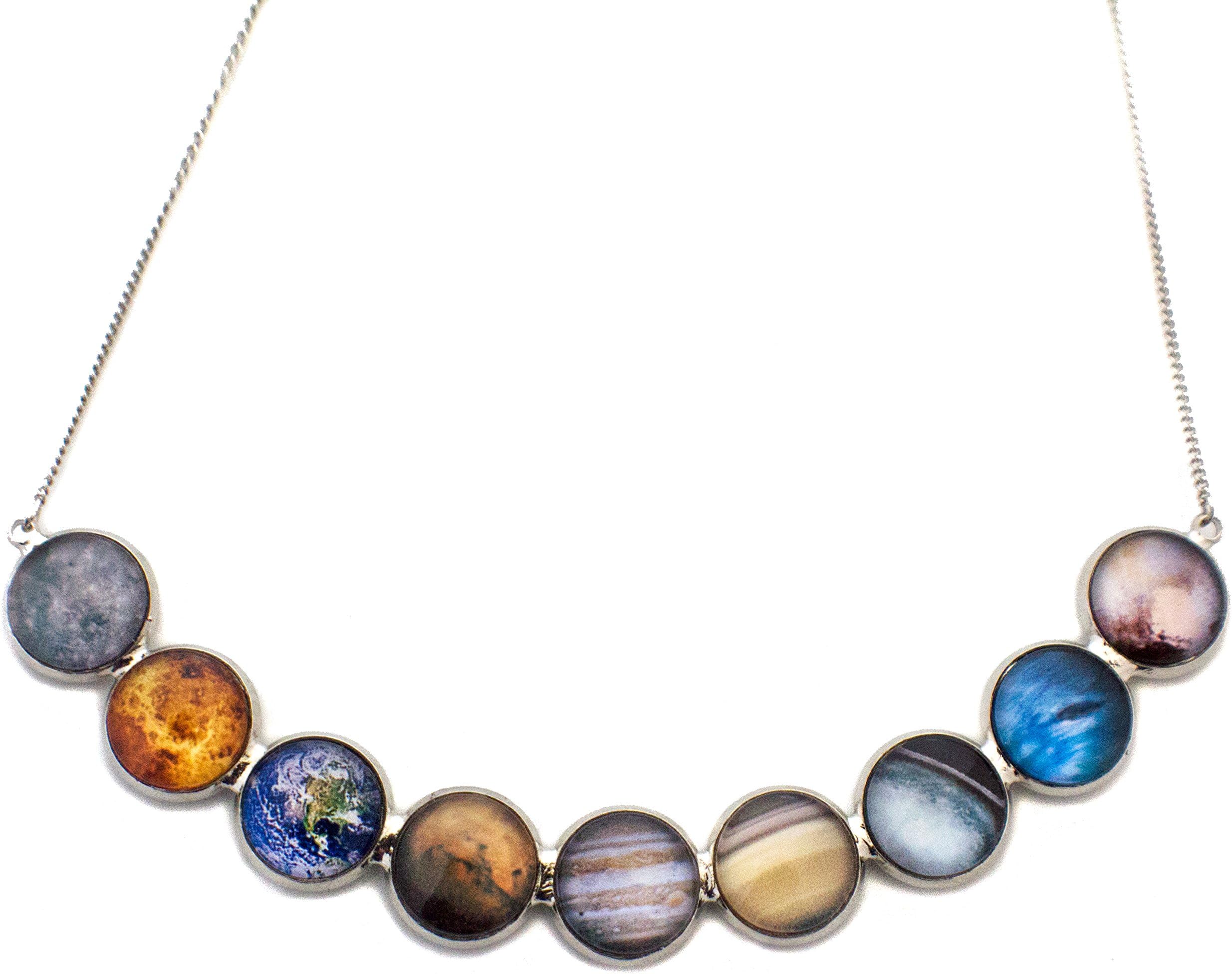 Solar System Statement Necklace - Silver Curved Bib Collar Outer Space Necklace Featuring 9 Planets (Including Pluto) - Great Gift for Teachers, Astronomy Lovers, stargazers - Handcrafted in The USA