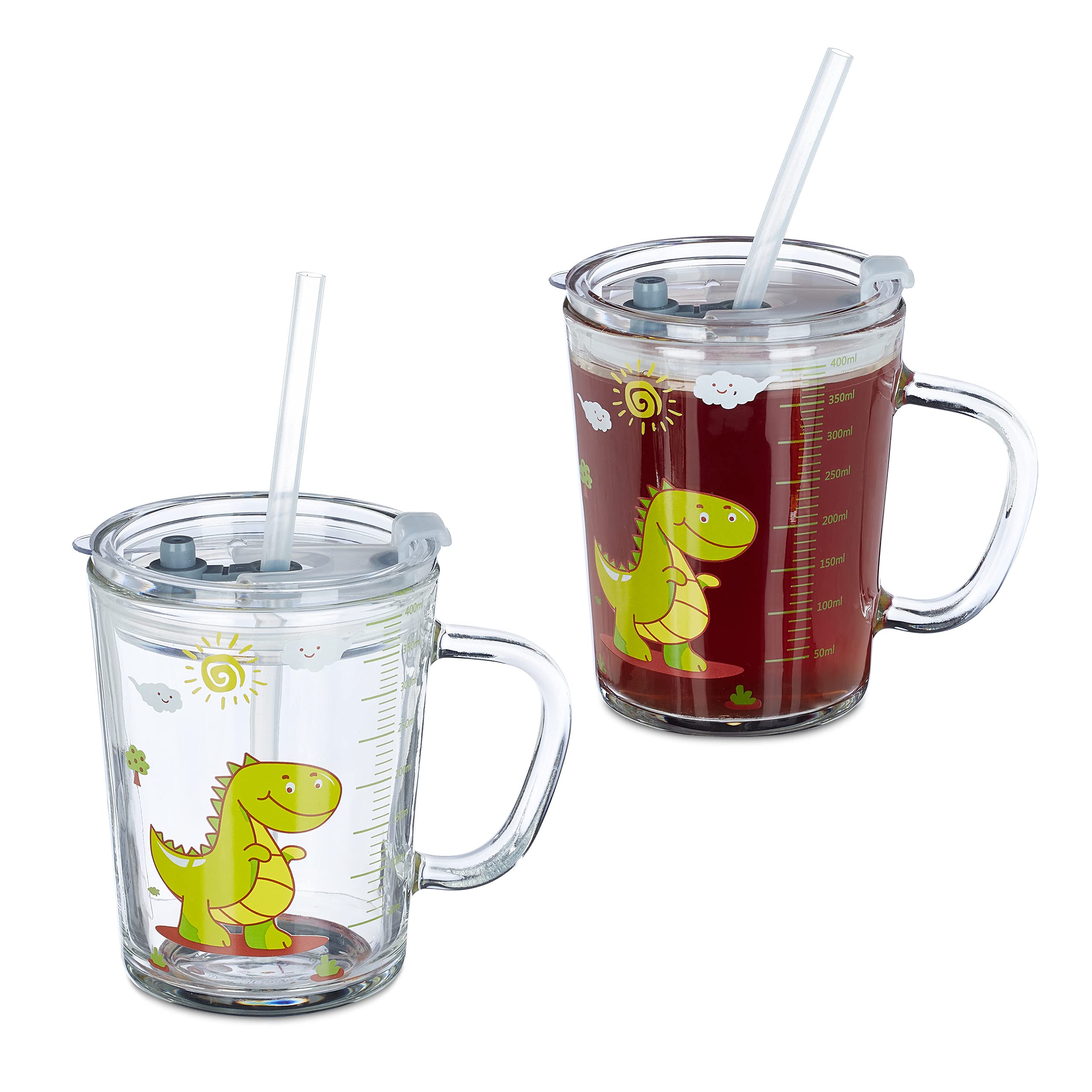 Relaxdays Children's Cups, Set of 2, Dinosaur Design, Drinking Glass for Kids, with Handle, Lid & Straw, 400ml, Clear, 12 x 12.5 x 9.5 cm