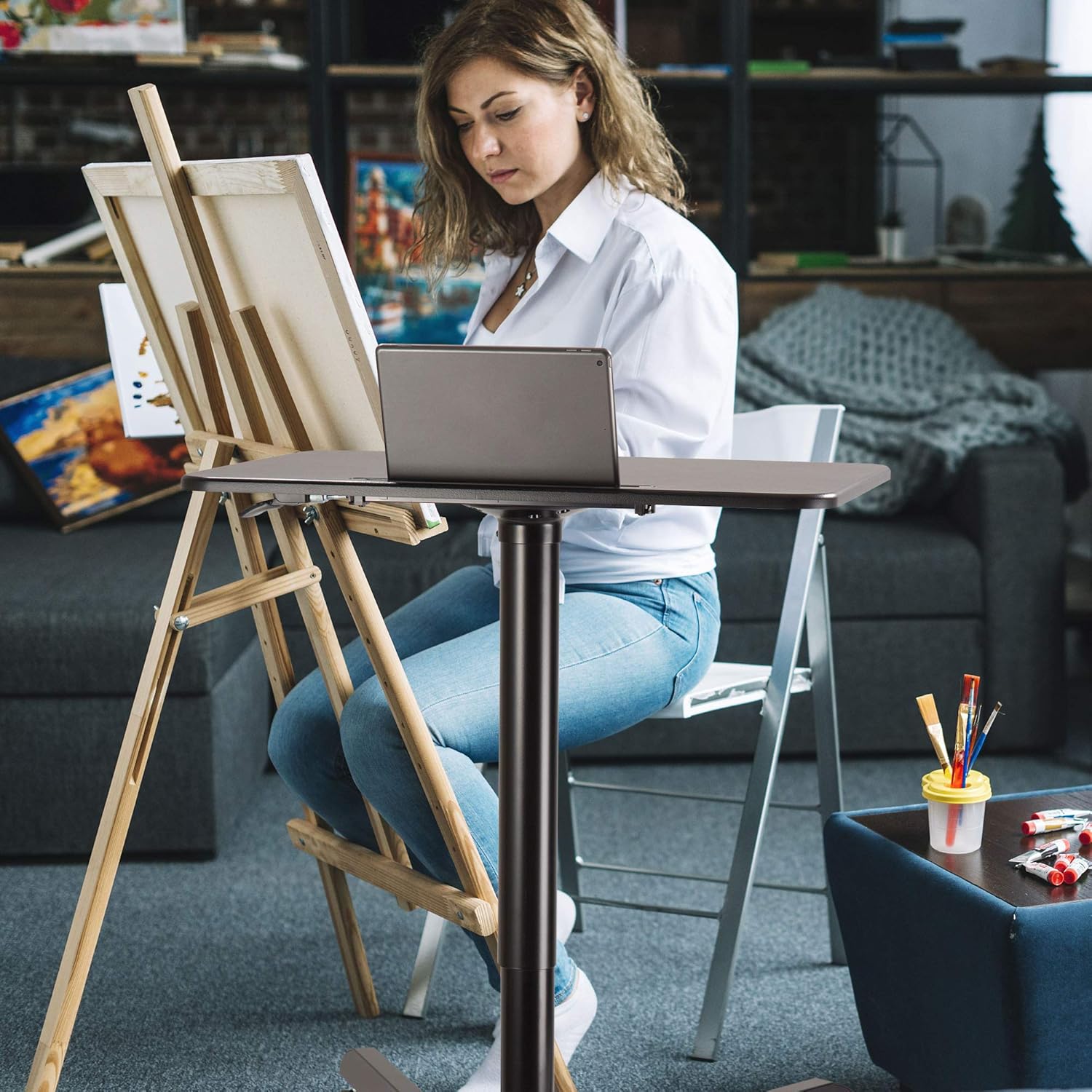 AVLT 44" Pneumatic Laptop Standing Desk Cart (3 ft 8 in) - Mobile Rolling Desk - Computer Cart - Rolling Height Adjustable Folding Desk - Mobile Black Cart with Brake Casters: Office Products