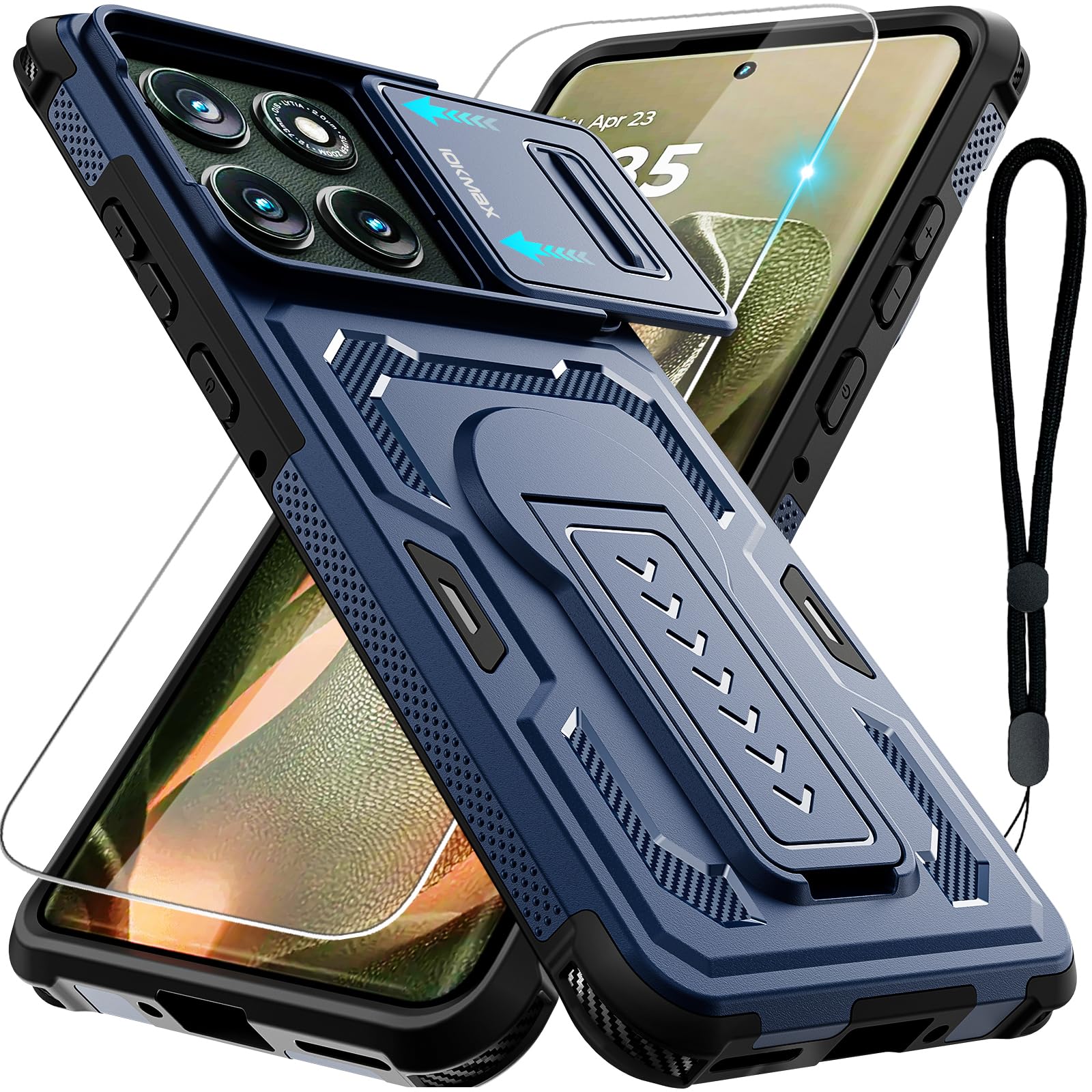 Iokmax for Motorola Edge 2025 Case with Screen Protector, Upgrade Slide Camera Cover, Kickstand, Lanyard Strap, Military Grade Shockproof Heavy Duty Robust Bumper Phone Case for Moto Edge 2025, Blue