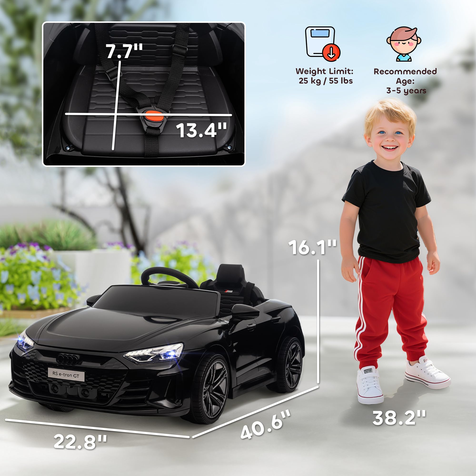 Aosom Electric Car for Kids, 12V Licensed Audi RS E-tron GT 3.1 MPH Kids Ride on Car, Ride-on Toy with Remote Control, 4 Suspension Wheels, Horn, Music, Lights, for Boys and Girls, Black
