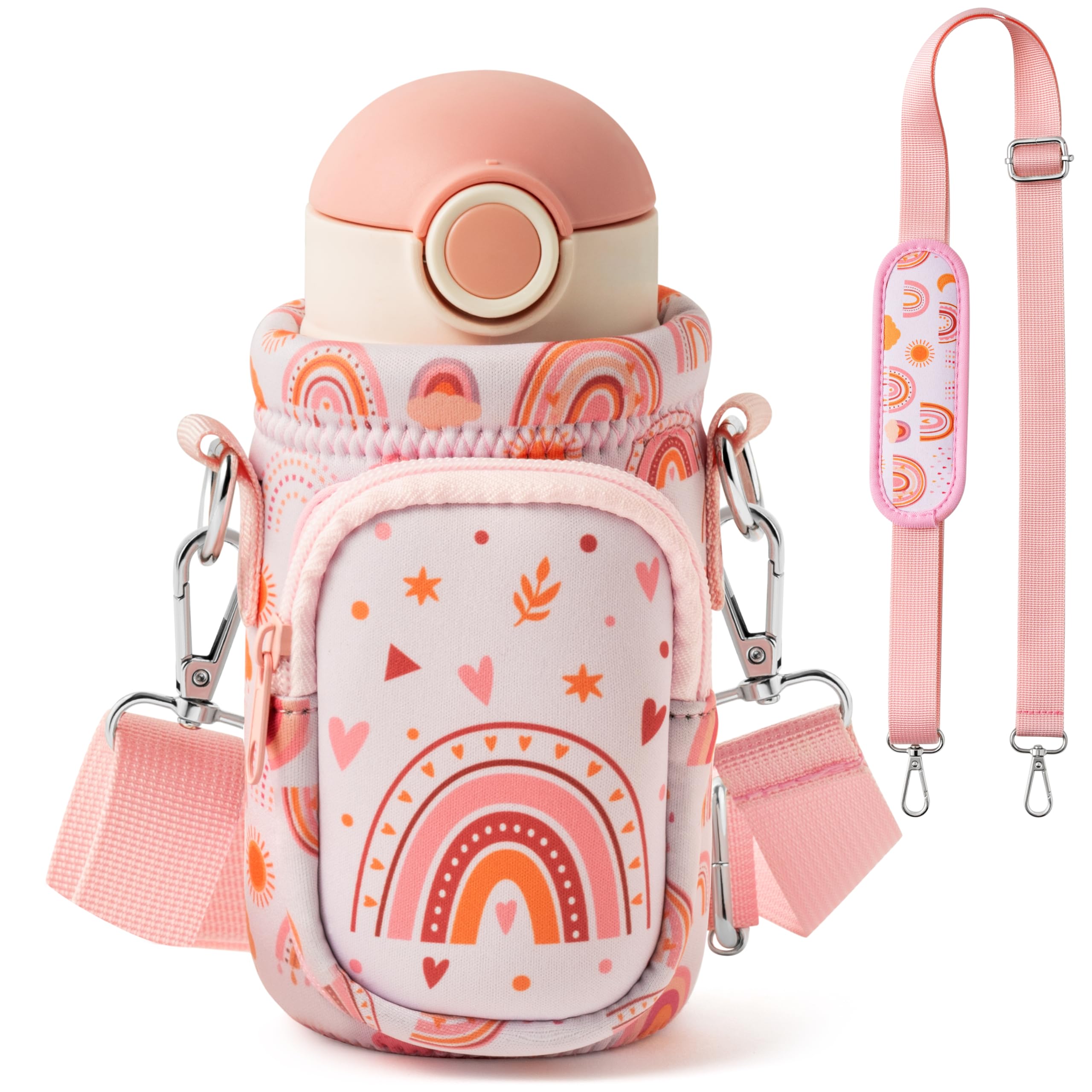 2ooya Boho Carrier Bottle Bag - Boho Rainbow Carrier Warming Bag with Shoulder Strap for Kids Water Bottle Pouch Padded Pocket Neoprene Insulated Cover for Boys Girls School Walking Hiking Camping