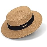 Straw Boater Hat for Women Men, Foldable Flat Brim Panama Hat, Beach Sun Hat UV-Protection, Fedora Derby Pork-Pie Hat