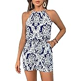 SweatyRocks Women's Allover Print Sleeveless Halter Jumpsuit High Waist Cami Romper with Pocket