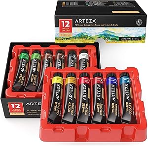 Arteza Watercolor Paint, Set of 12 Colors/Tubes, 12 x 12ml/0.4 oz with Storage Box, Rich Pigments, Vibrant and Non Toxic Paints