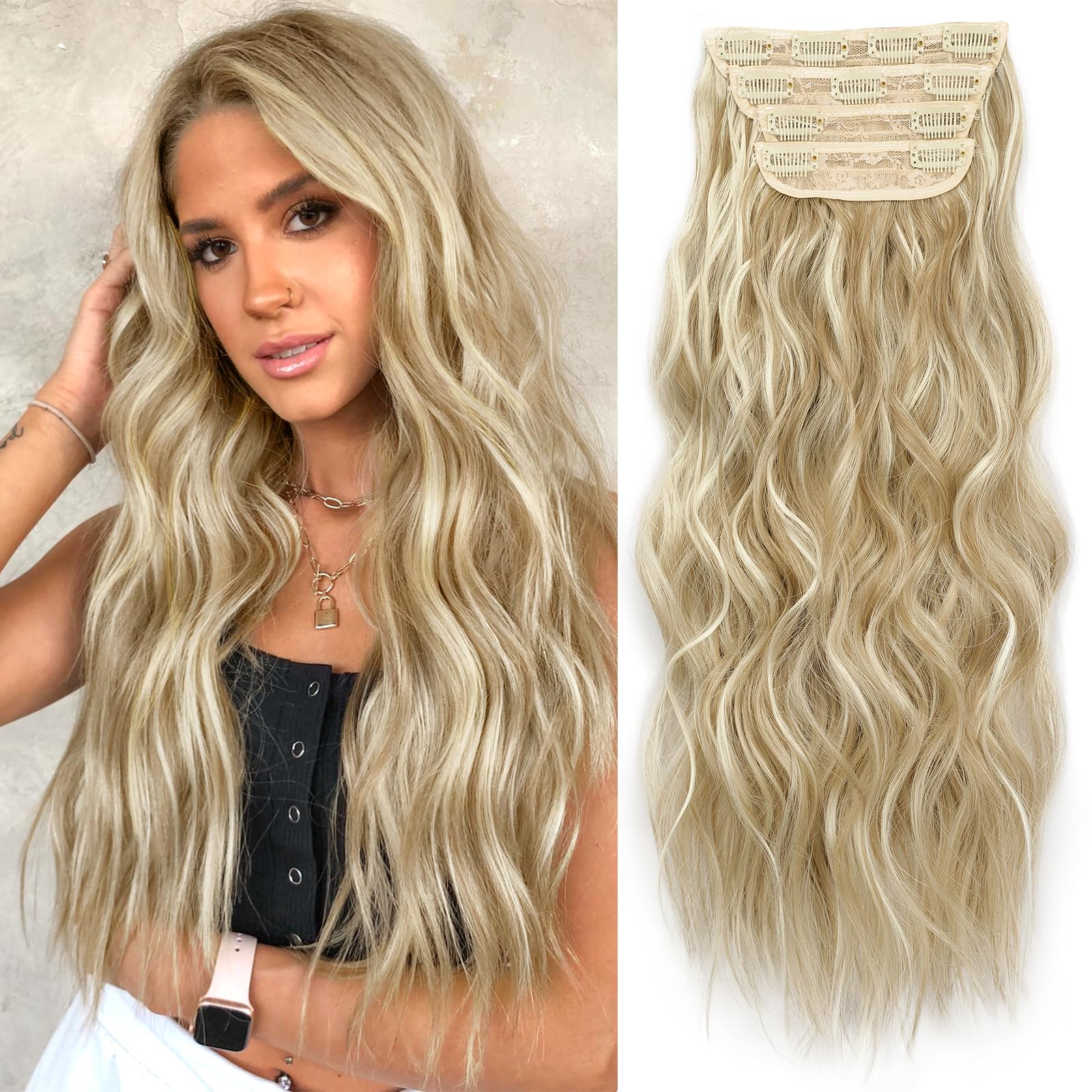 Photo 1 of KooKaStyle Beach Blonde Hair Extensions Clip in Synthetic Highlight Hair Extensions Long Wavy 4PCS Thick Hairpieces 20 Inch for Women
